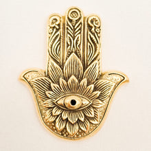 Load image into Gallery viewer, Brass Incense Holder Hamsa Lotus
