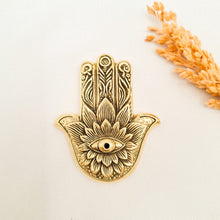 Load image into Gallery viewer, Brass Incense Holder Hamsa Lotus
