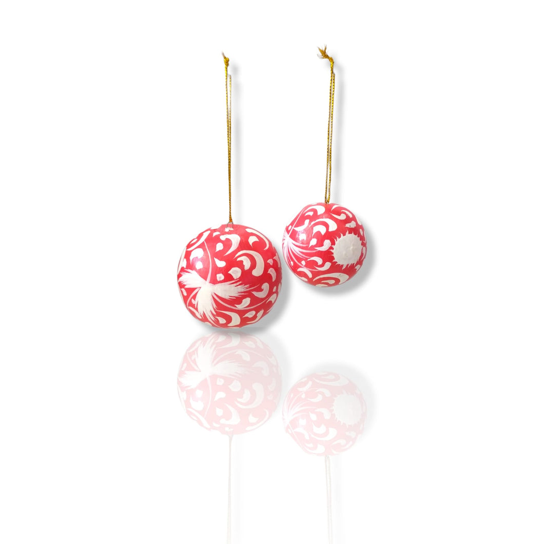 Wooden Christmas Ball Red with White Folk Pattern