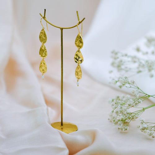 Earring Triple Drop with Mini Pearl Golden Handmade Jewellery